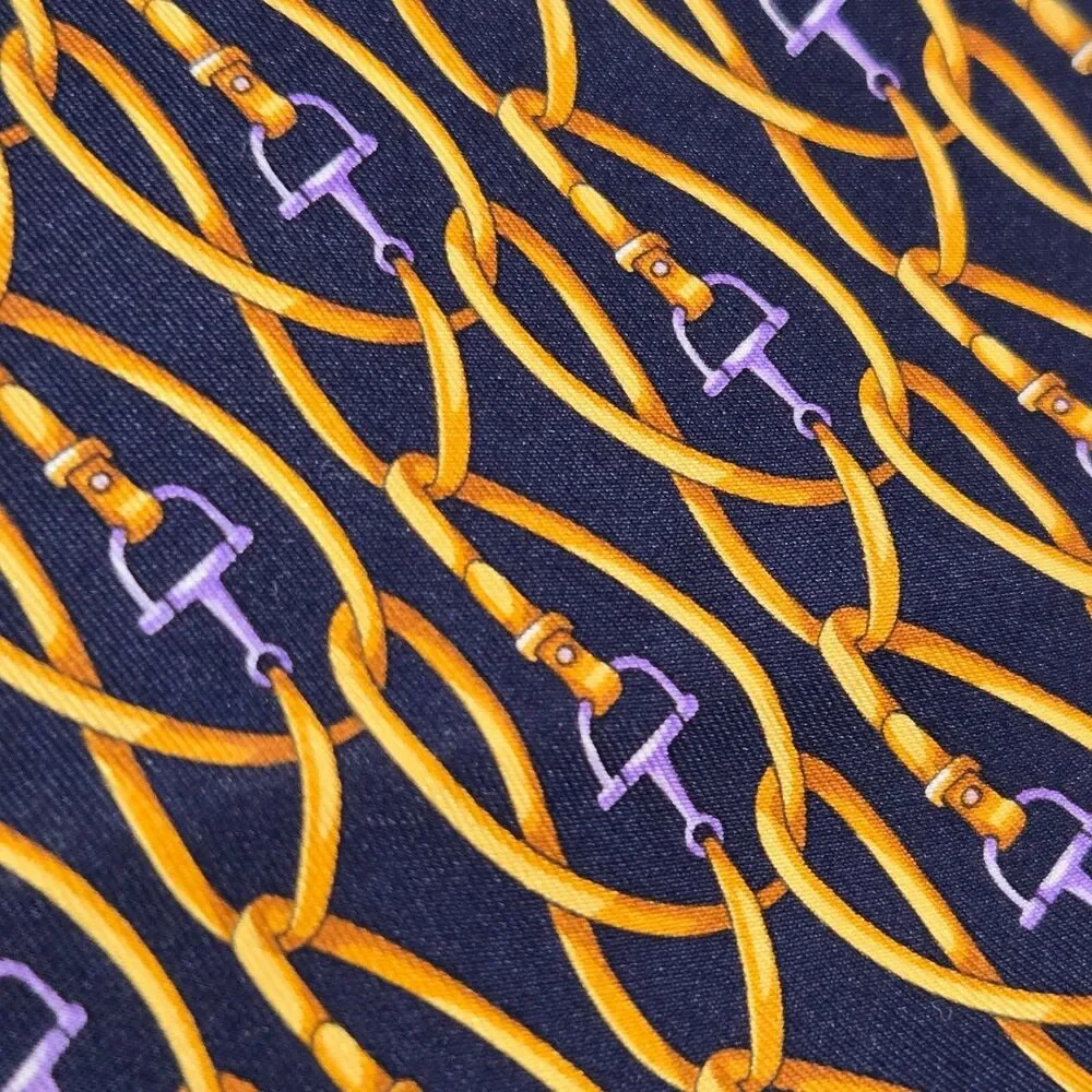 GUCCI Mens Tie Horsebit Pattern bridle‎ belt Silk Italy Blue Gold Old Money
